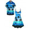 Vacation Couple Outfit Tropical Coconut Tree Sunset Print Dress and Shirt Set - Bleu S | US 4