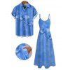 Vacation Couple Outfit Tropical Orchid Floral Print Pocket Long Dress and Shirt Set - Bleu Ciel S | US 4