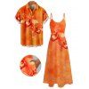 Vacation Couple Outfit Tropical Orchid Floral Print Pocket Long Dress and Shirt Set - Orange S | US 4
