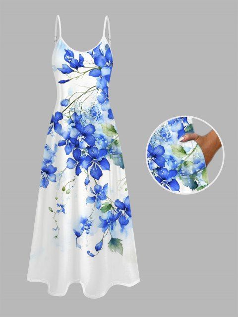 Robe de vacances à motif floral aquarelle delphinium, robe longue à fines bretelles spaghetti