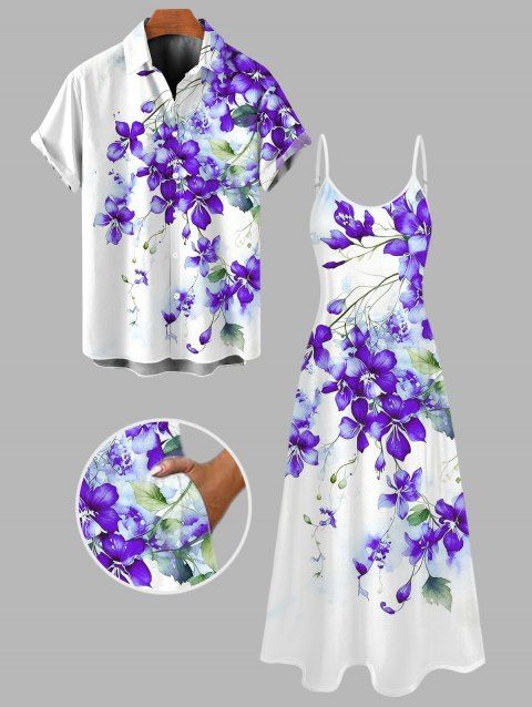 Vacation Couple Outfit Watercolor Delphinium Floral Pattern Long Dress and Shirt Set