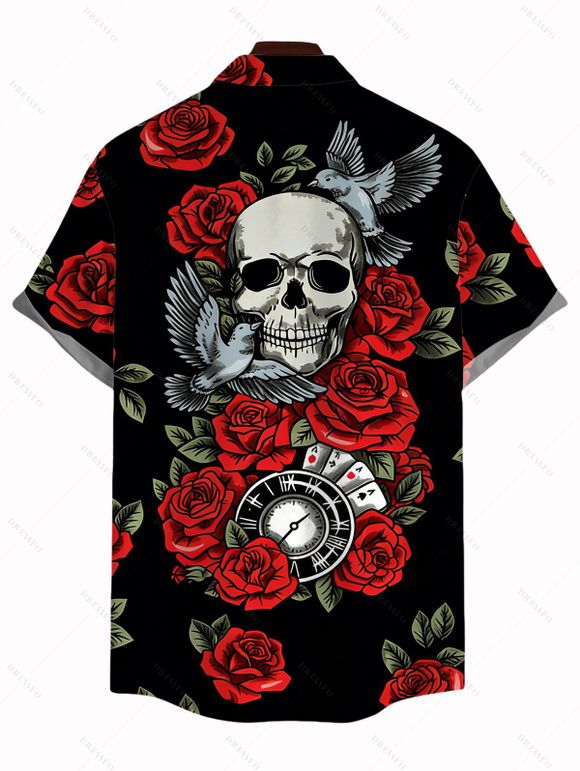 Chemise gothique pour homme à imprimé de roses, de crânes et de cartes à jouer, boutonnée - Noir 5XL