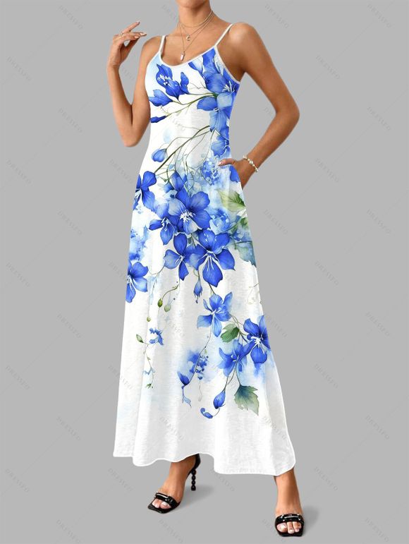 Robe de vacances à motif floral aquarelle delphinium, robe longue à fines bretelles spaghetti - Bleu Ciel XXXXXL | US 20