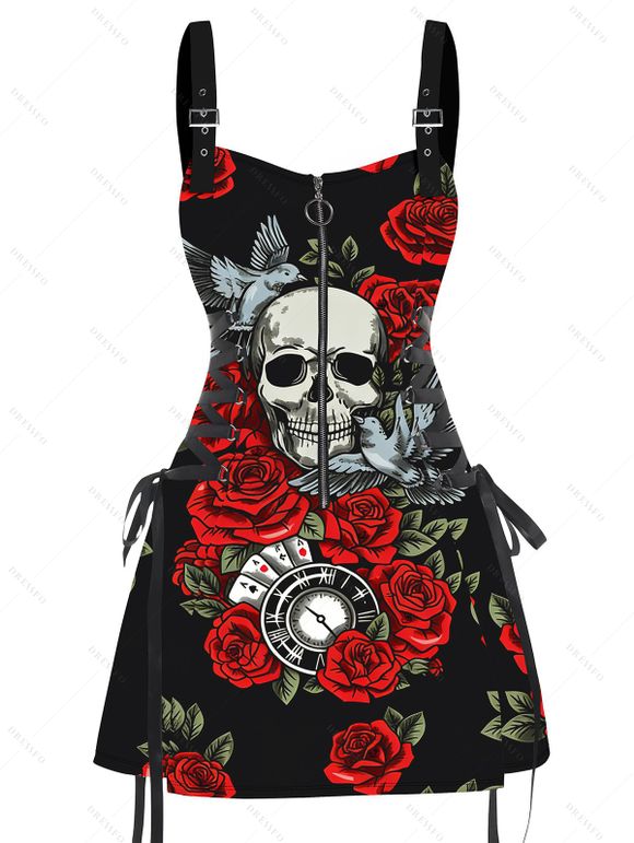 Robe gothique à imprimé de roses et de crânes et de cartes à jouer, lacée et zippée - Noir XXL | US 14