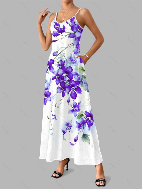 Robe de vacances à motif floral aquarelle delphinium, robe longue à fines bretelles spaghetti - Pourpre XXL | US 14