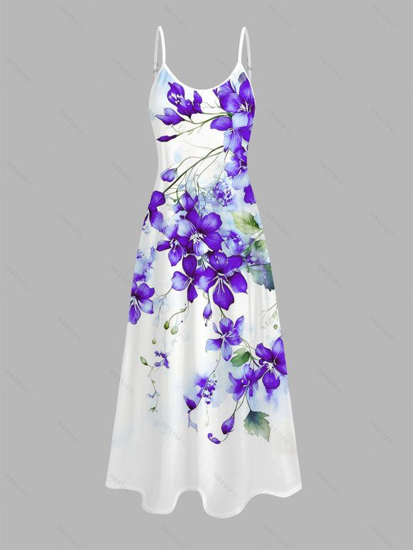 Robe de vacances à motif floral aquarelle delphinium, robe longue à fines bretelles spaghetti - Pourpre XXL | US 14
