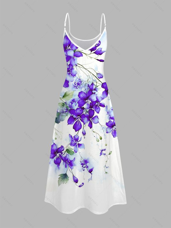 Robe de vacances à motif floral aquarelle delphinium, robe longue à fines bretelles spaghetti - Pourpre XXL | US 14