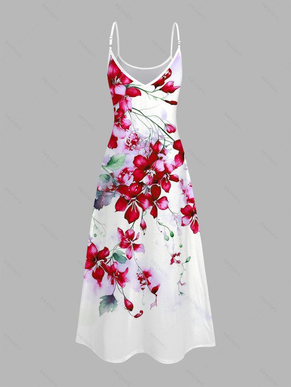 Robe de vacances à motif floral aquarelle delphinium, bretelles spaghetti, robe longue - Rouge Vineux XXXXXL | US 20