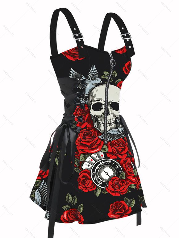 Gothic Couple Outfit Rose Skulls Playing Cards Print Lace Up Dress and Shirt Set - Noir S | US 4
