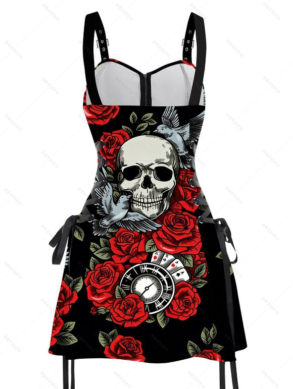 Gothic Couple Outfit Rose Skulls Playing Cards Print Lace Up Dress and Shirt Set - Noir S | US 4