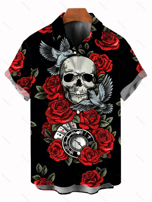 Gothic Couple Outfit Rose Skulls Playing Cards Print Lace Up Dress and Shirt Set - Noir S | US 4
