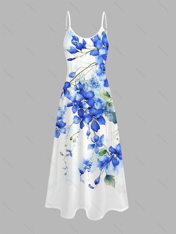 Vacation Couple Outfit Watercolor Delphinium Floral Pattern Long Dress and Shirt Set - Bleu Ciel S | US 4