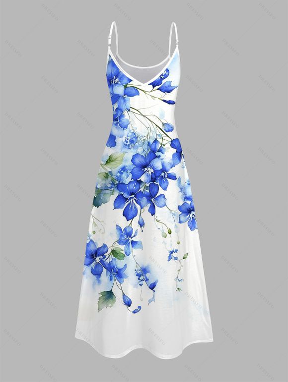 Vacation Couple Outfit Watercolor Delphinium Floral Pattern Long Dress and Shirt Set - Bleu Ciel S | US 4