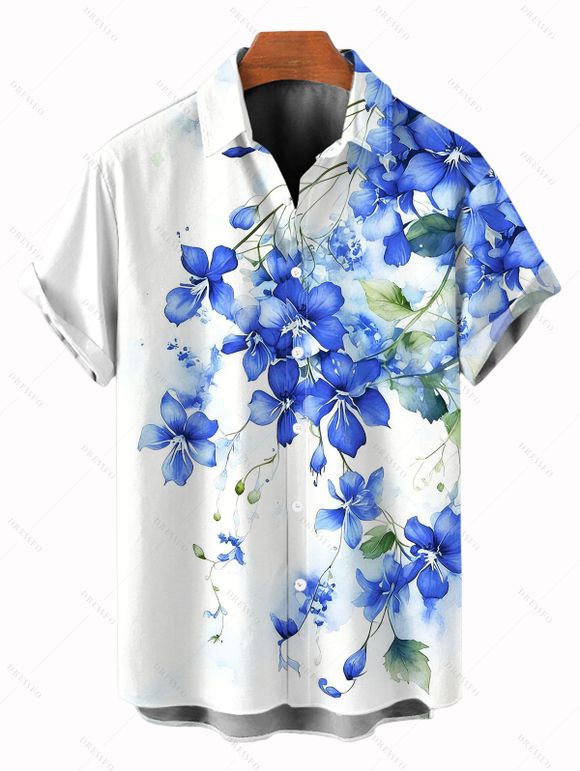 Vacation Couple Outfit Watercolor Delphinium Floral Pattern Long Dress and Shirt Set - Bleu Ciel S | US 4