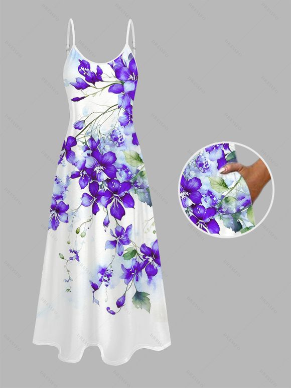 Vacation Couple Outfit Watercolor Delphinium Floral Pattern Long Dress and Shirt Set - Pourpre S | US 4