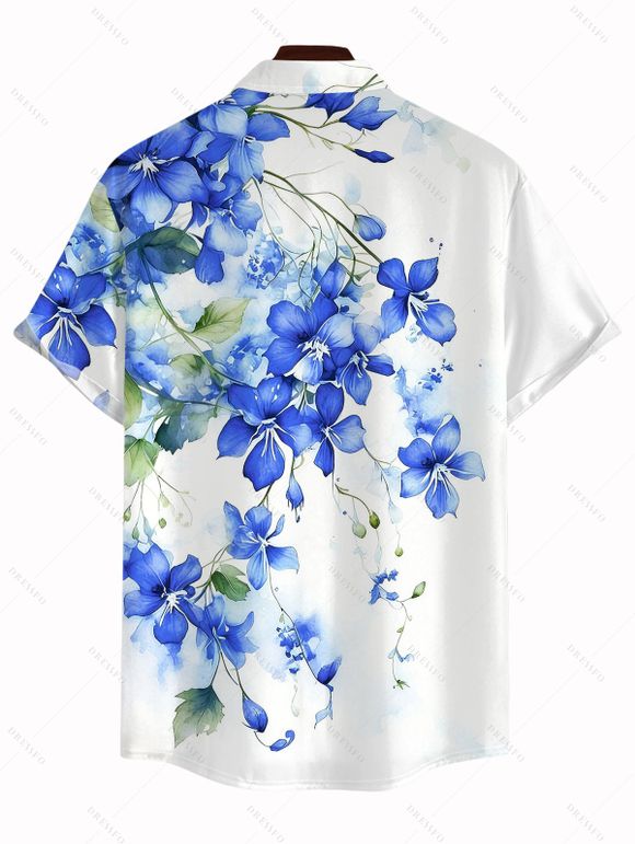 Vacation Couple Outfit Watercolor Delphinium Floral Pattern Long Dress and Shirt Set - Bleu Ciel S | US 4