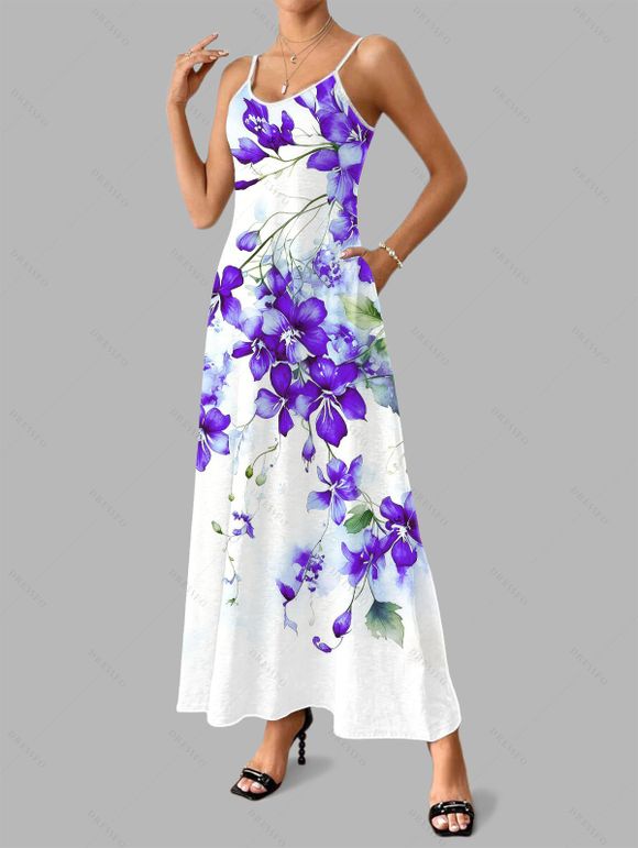 Vacation Couple Outfit Watercolor Delphinium Floral Pattern Long Dress and Shirt Set - Pourpre S | US 4