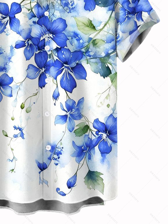Vacation Couple Outfit Watercolor Delphinium Floral Pattern Long Dress and Shirt Set - Bleu Ciel S | US 4