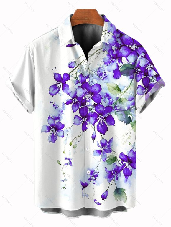 Vacation Couple Outfit Watercolor Delphinium Floral Pattern Long Dress and Shirt Set - Pourpre S | US 4