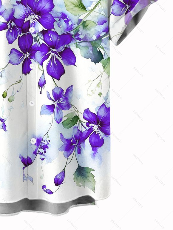 Vacation Couple Outfit Watercolor Delphinium Floral Pattern Long Dress and Shirt Set - Pourpre S | US 4