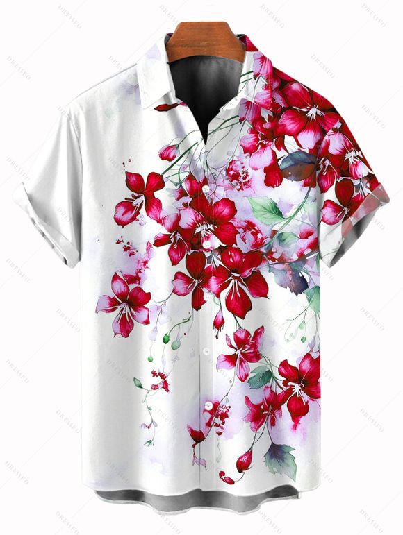Vacation Couple Outfit Watercolor Delphinium Floral Pattern Long Dress and Shirt Set - Rouge Vineux S | US 4