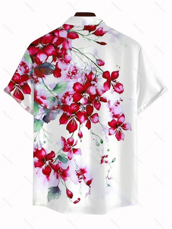 Vacation Couple Outfit Watercolor Delphinium Floral Pattern Long Dress and Shirt Set - Rouge Vineux S | US 4