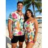 Vacation Couple Outfit Flower Tropical Leaf Print Off the Shoulder Romper and Shirt Set