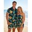 Vacation Couple Outfit Tropical Leaf Flower Print Off the Shoulder Romper and Shirt Set - Turquoise Foncée S | US 4