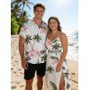Vacation Couple Outfit Coconut Tree Flower Print Lace Hollow Out Slit Dress and Shirt Set - Rose S | US 4