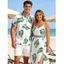 Vacation Couple Outfit Tropical Leaf Print Lace Hollow Out Slit Dress and Shirt Set - PLANT GREEN S | US 4