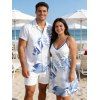 Vacation Couple Outfit Hibiscus Flower Leaf Print Spaghetti Strap Dress and Shirt Set - Bleu Ciel S | US 4