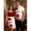 Vacation Couple Outfit Rose Print Colorblock Ruched Bust Dress and Shirt Set - Rouge Vineux S | US 4