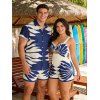 Vacation Couple Outfit Tropical Leaf Silhouette Print Twisted Romper and Shirt Set - Bleu profond S | US 4