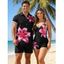 Vacation Couple Outfit Lily Floral Print Cinched Boyshorts Swimsuit and Shirt Shorts Set - Rose S | US 4