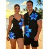 Vacation Couple Outfit Lily Floral Print Cinched Boyshorts Swimsuit and Shirt Shorts Set - Bleu S | US 4