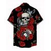 Chemise gothique pour homme à imprimé de roses, de crânes et de cartes à jouer, boutonnée - Noir 5XL
