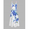 Robe de vacances à motif floral aquarelle delphinium, robe longue à fines bretelles spaghetti - Bleu Ciel XXXXXL | US 20