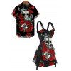 Gothic Couple Outfit Rose Skulls Playing Cards Print Lace Up Dress and Shirt Set - Noir S | US 4