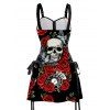 Gothic Couple Outfit Rose Skulls Playing Cards Print Lace Up Dress and Shirt Set - Noir S | US 4
