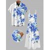 Vacation Couple Outfit Watercolor Delphinium Floral Pattern Long Dress and Shirt Set - Bleu Ciel S | US 4
