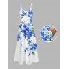 Vacation Couple Outfit Watercolor Delphinium Floral Pattern Long Dress and Shirt Set - Bleu Ciel S | US 4