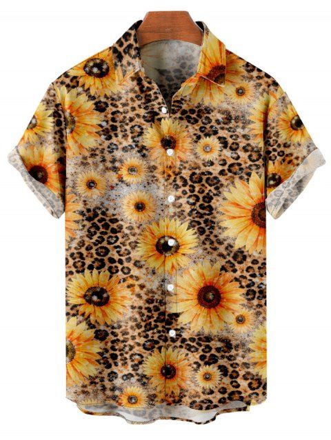 Chemise de vacances pour homme, imprimé léopard et tournesol, à boutons