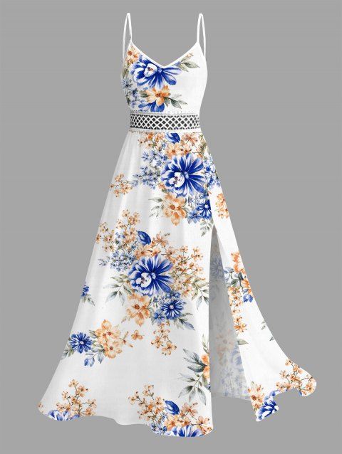 Robe de vacances aquarelle imprimé floral abricot en dentelle ajourée fendue