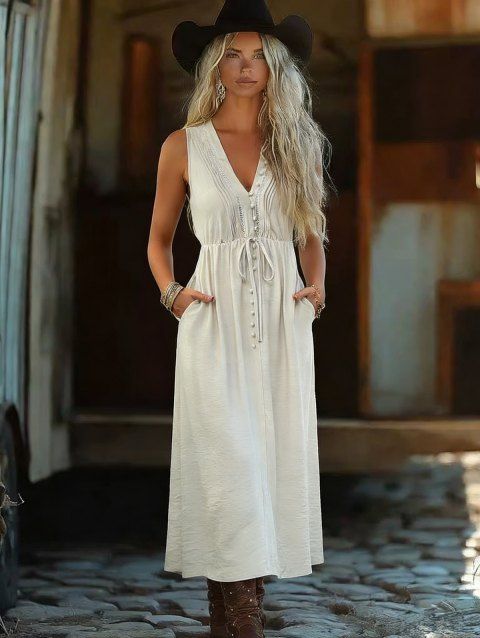 Robe longue décontractée à pois suisses, poches et col en V