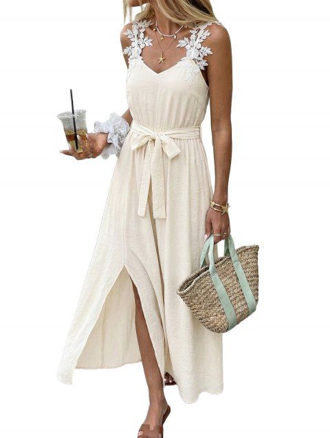 Minimalist Midi Cami Dress Solid Color Guipure Slit Dress