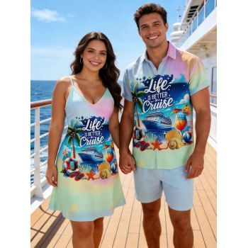 Vacation Couple Outfit Colored Ombre Coconut Tree Beach Landscape Pattern Spaghetti Strap A Line Mini Tank Dress and Roll Up Sleeve Shirt Beach Matching Outfit
