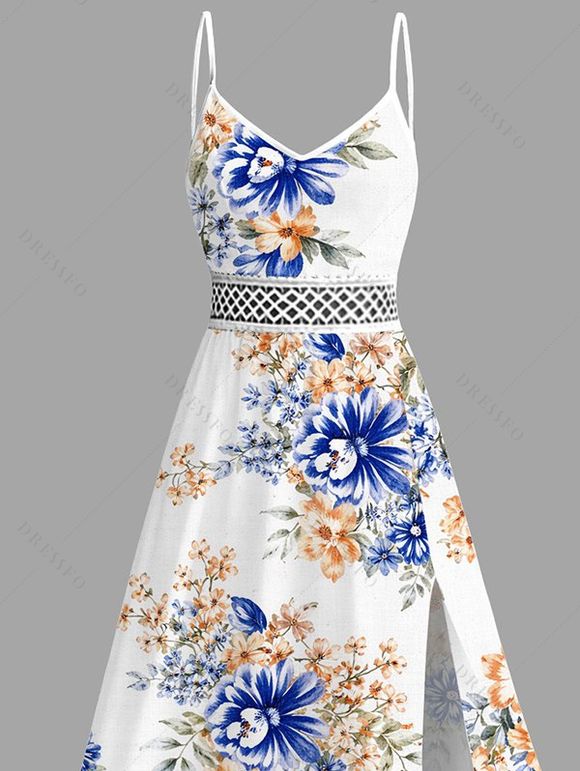 Robe de vacances aquarelle imprimé floral abricot en dentelle ajourée fendue - Bleu XXXXXL | US 20