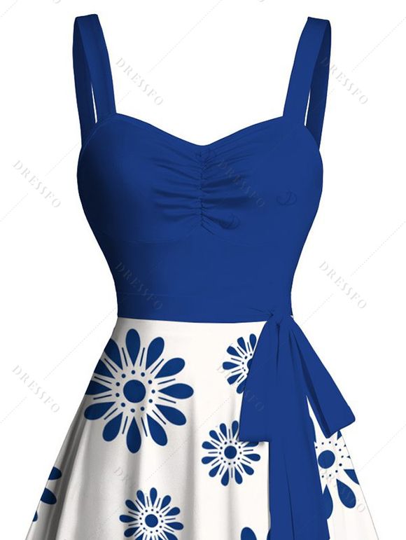 Robe de vacances rétro à imprimé floral abstrait et ceinture froncée - Bleu XXXXXL | US 20