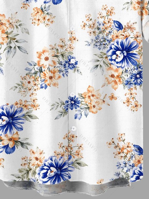 Chemise de vacances pour homme, imprimé floral abricot aquarelle, chemise boutonnée - Bleu 5XL