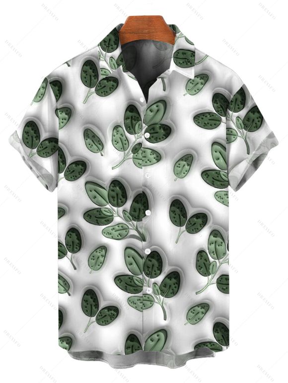 Vacation Couple Outfit 3D Textured Leaf Print Lace Hollow Out Slit Dress and Shirt Set - PLANT GREEN S | US 4